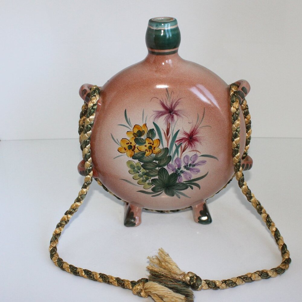 Marked 723 HZ Switzerland Vintage 9" Pink Floral Ceramic Canteen Flask